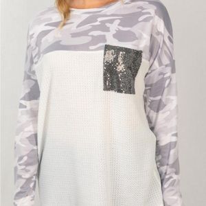 White Birch Camo & Sequins Long Sleeve Top NWOT
